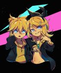  1boy 1girl aqua_bra aqua_eyes blonde_hair blue_eyes bow bra brother_and_sister collarbone elbow_on_another&#039;s_shoulder elbow_rest finger_to_cheek grin hair_bow hair_ornament hairclip hand_in_pocket headphones highres hood hoodie kagamine_len kagamine_rin looking_at_viewer midriff navel open_clothes open_mouth pink_pupils short_hair siblings smile tan twins two-tone_hoodie ukata underwear urban urban_style vocaloid yellow_hoodie 