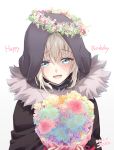  1girl absurdres bangs blue_eyes blue_flower blush bouquet cape chiri_to_mato commentary cropped_torso dated eyebrows_visible_through_hair fate_(series) flower fur-trimmed_cape fur_trim gray_(lord_el-melloi_ii) grey_background head_wreath highres holding holding_bouquet hood hood_up long_sleeves looking_down lord_el-melloi_ii_case_files open_mouth pink_flower short_hair signature simple_background solo tearing_up upper_body white_background yellow_flower 
