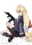  1girl arm_support bandaid bed_sheet black_skirt blonde_hair blue_eyes blush breasts closed_mouth from_side full_body girls_frontline gun hair_ornament hairclip highres holding holding_gun holding_weapon jacket long_hair long_sleeves low-tied_long_hair pp-19-01 pp-19-01_(girls_frontline) simple_background sitting skirt socks solo torn_clothes torn_skirt trigger_discipline very_long_hair weapon white_background zakirsiz 