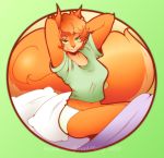  anthro bed bed_covers bedding clothing female furniture green_clothing green_eyes green_shirt green_topwear hair hazelkisses long_tail looking_at_viewer mammal orange_hair panties pillow rodent sciurid shirt snap(character) solo solo_focus topwear underwear white_panties 