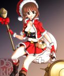  1girl alternate_costume artist_logo artist_name bangs belt black_background black_belt black_choker black_footwear boko_(girls_und_panzer) bomb boots bow brown_background brown_eyes brown_hair choker christmas combat_boots commentary_request crop_top cross-laced_footwear explosive eyebrows_visible_through_hair floating fur-trimmed_jacket fur_trim girls_und_panzer gloves gradient gradient_background grey_legwear hat highres holding holding_sack holding_weapon jacket lace-up_boots medium_hair midriff miniskirt navel nishizumi_miho open_mouth panzerfaust partial_commentary pink_bow pleated_skirt red_gloves red_headwear red_jacket red_legwear red_shirt red_skirt revision sack santa_costume santa_gloves santa_hat shirt short_hair short_sleeves skirt smile socks solo star_ornament sweatdrop weapon yoyokkun 