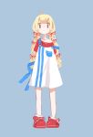  1girl arms_behind_back bangs blonde_hair blue_background dress full_body highres long_hair looking_at_viewer natsu-no-kamisama original red_eyes red_footwear red_shirt shirt shoes simple_background solo standing strap_slip white_dress 