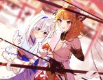  2girls absurdres ahoge amane_kanata animal_ears blurry blurry_background blurry_foreground bow breasts cleavage couple day depth_of_field detached_collar detached_sleeves dragon_horns dragon_print drill_hair dutch_angle eyelashes hatsumoude highres hololive horn_bow horns huge_breasts japanese_clothes jewelry kimono kiryuu_coco long_hair mugiusagi multicolored_hair multiple_girls off_shoulder omikuji orange_hair outdoors pointy_ears purple_eyes reading ring sarashi shrine side_drill side_ponytail sidelocks silver_hair small_breasts streaked_hair tsurime virtual_youtuber wide_sleeves yukata yuri 