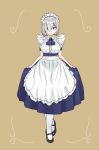  1girl absurdres alternate_costume apron blue_dress blue_eyes ceroliz commentary_request curtsey dress enmaided frilled_apron frills full_body hair_ornament hair_over_one_eye hairclip hamakaze_(kantai_collection) highres kantai_collection looking_at_viewer maid maid_headdress mary_janes shoes short_hair silver_hair skirt_hold socks solo standing white_apron white_legwear 