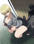  1girl absurdres ass bike_shorts blonde_hair breasts bruise buttjob cleavage dutch_angle femdom fishnet_fabric highres injury large_breasts minjong0625_(hello) naruto naruto_(series) open_toe_shoes outdoors penis samui_(naruto) short_hair squatting uzumaki_naruto 