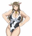  2021 animal_humanoid animal_print bell bell_collar big_breasts bovid bovid_humanoid bovine bovine_humanoid breasts brown_eyes brown_hair bulge cattle_humanoid cleavage clothed clothing collar cow_print gynomorph hair hand_on_hip hi_res horn humanoid intersex leotard mammal mammal_humanoid shibusun simple_background smile solo swimwear white_background 