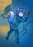 alien alien_(franchise) ambiguous_gender anthro big_breasts blue_body blue_fur blue_hair breasts canid canine clothed clothing crossover duo ear_piercing fabio_paulino female female_focus footwear fox fur green_eyes gun hair high_heels holding_gun holding_object holding_weapon humanoid inside krystal looking_back mammal metroid nintendo piercing ranged_weapon shadow shoes skinsuit solo_focus standing star_fox thick_thighs tight_clothing video_games weapon white_body white_fur wide_hips xenomorph zero_suit 