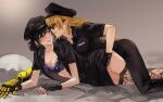  2girls animal_ears black_gloves black_hair blake_belladonna blonde_hair blush bra breasts cat_ears cleavage commentary_request eye_contact eyebrows_visible_through_hair fingerless_gloves glasses gloves hand_under_clothes hat highres looking_at_another lying multiple_girls naizo_(kimosugimasu) on_side parted_lips police police_hat police_uniform prosthesis prosthetic_arm purple_bra purple_eyes rwby teeth underwear uniform upper_teeth yang_xiao_long yellow_eyes yuri 