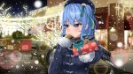  1girl absurdres awning bench beret blue_eyes blue_hair blue_jacket blurry blush bokeh brick_road brown_gloves building bush christmas christmas_lights city depth_of_field eyelashes gift gloves hand_on_own_chest hat highres holding holding_gift hololive hoshimachi_suisei incoming_gift jacket kiriyakundesu lens_flare long_hair looking_to_the_side night outdoors plaid plaid_scarf scarf side_ponytail signature snowing solo tree tsundere tsurime virtual_youtuber wavy_hair winter_clothes 
