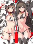  2girls animal_ears animal_hood animal_print arm_up armpits bangs bell bell_collar bikini blue_eyes blush breasts brown_hair cat_ears cleavage collar cow_ears cow_hood cow_horns cow_print cow_tail cowbell eyebrows_visible_through_hair fang green_eyes hood horns idolmaster idolmaster_cinderella_girls large_breasts long_hair looking_at_viewer maekawa_miku multiple_girls navel open_mouth red_collar serebi_ryousangata shibuya_rin short_hair side-tie_bikini swimsuit tail thighhighs 