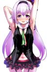  .live 1girl armpits blush breasts carro_pino commentary_request embarrassed headband hirowa_nagi long_hair navel necktie open_mouth purple_eyes purple_hair simple_background sleeveless small_breasts solo virtual_youtuber white_background 