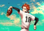  1boy alternate_costume alternate_hairstyle animal bangs baseball baseball_mitt baseball_uniform belt bird blue_sky character_name closed_mouth commentary danganronpa:_trigger_happy_havoc danganronpa_(series) dated day english_commentary happy_birthday highres holding kuwata_leon long_sleeves looking_at_viewer male_focus number outdoors pants red_hair shirt short_over_long_sleeves short_ponytail short_sleeves sky solo sportswear symbol_commentary v-mordecai white_pants white_shirt 