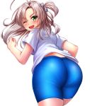  1girl absurdres ass bike_shorts blue_shorts blurry cowboy_shot from_behind green_eyes grey_hair hair_tie highres kantai_collection kinugasa_(kantai_collection) looking_back one_eye_closed one_side_up panties_under_bike_shorts remodel_(kantai_collection) ribbon shirt shorts simple_background solo sweater t-shirt upper_body white_background white_shirt zanntetu 