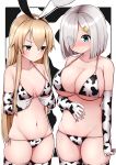 2girls alternate_costume animal_ears animal_print bare_shoulders bikini blonde_hair blue_eyes blush breast_envy breast_grab breasts cleavage collarbone commentary_request cow_ears cow_print cowboy_shot elbow_gloves eyebrows_visible_through_hair gloves grabbing groin hair_ornament hair_over_one_eye hairband hairclip halterneck hamakaze_(kantai_collection) highres huge_breasts kantai_collection large_breasts long_hair looking_at_breasts lowleg lowleg_bikini multiple_girls navel shimakaze_(kantai_collection) short_hair side-tie_bikini silver_hair simple_background smile string_bikini swimsuit thighhighs tiemu_(man190) white_gloves 