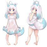  1girl :o ahoge animal_ear_fluff animal_ears ass bare_arms bare_shoulders barefoot blue_hair blush closed_mouth collarbone commentary_request dress dress_lift fox_ears fox_girl fox_tail highres lifted_by_self long_hair looking_at_viewer looking_back mochiyuki multicolored_hair multiple_views original panties parted_lips polka_dot polka_dot_panties simple_background sleeveless sleeveless_dress standing tail two-tone_hair underwear white_background white_dress white_hair white_panties 