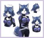  1girl :3 animal_ear_fluff animal_ears animal_nose aqua_eyes aqua_hair arms_behind_back arrow_(symbol) bangs belt blue_bodysuit blue_fur blue_hair body_fur bodysuit border breasts breath circlet cleavage_cutout closed_mouth clothing_cutout collarbone commentary_request cowboy_shot cropped_torso crystal expressions eyebrows_visible_through_hair fox_ears fox_girl fox_tail from_side furry hair_tubes half-closed_eyes happy highres krystal looking_at_viewer medium_breasts messy_hair multicolored_hair multiple_views namagaki_yukina parted_lips profile purple_border sapphire_(gemstone) scratches shiny shiny_hair short_hair sideways_glance simple_background smile snout standing star_fox streaked_hair sweat tail tail_ornament tail_ring teeth translated two-tone_fur two-tone_hair upper_body v-shaped_eyebrows white_background white_fur 
