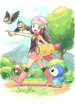  1girl :d beanie bidoof black_legwear black_shirt boots bracelet bush commentary_request dawn_(pokemon) day eyelashes from_side grass grey_eyes hat highres jewelry ndnd_ysys open_mouth outdoors outstretched_arm over-kneehighs pink_footwear pink_skirt piplup pointing pokemon pokemon_(creature) pokemon_(game) pokemon_dppt scarf shirt skirt sleeveless sleeveless_shirt smile standing starly thighhighs tongue tree white_headwear 