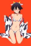  1girl ;d animal_ears animal_print bare_shoulders bell bell_choker bikini black_hair blush breasts choker closed_eyes collarbone copyright_request cow_ears cow_horns cow_print fake_animal_ears fake_horns full_body grin highres horns japanese_clothes kimono kneeling kumadano long_sleeves navel off_shoulder one_eye_closed open_clothes open_kimono open_mouth pink_choker print_kimono purple_eyes red_background ribbon short_hair side-tie_bikini simple_background small_breasts smile socks solo stomach swimsuit teeth white_legwear white_ribbon wide_sleeves 