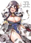  1girl :d animal_ears animal_print bell black_hair blush breasts cleavage cow_ears cow_girl cow_print cow_tail highres large_breasts long_hair looking_at_viewer open_mouth original red_eyes simple_background smile solo sweatdrop tail teeth thighhighs white_background yappen 