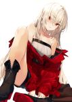  asymmetrical_legwear bare_shoulders boots closed_mouth collarbone eyebrows eyebrows_visible_through_hair eyelashes haruato highres jacket long_hair red_eyes red_jacket shirt shorts source_request strapless thighhighs white_background white_hair white_shirt zipper 