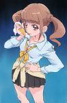  1girl :p bangs black_skirt blue_background blue_shirt blunt_bangs brown_eyes brown_hair eyebrows_visible_through_hair food gradient gradient_background hand_on_hip haruyama_kazunori healin&#039;_good_precure hiramitsu_hinata ice_cream long_sleeves looking_at_viewer pleated_skirt precure sexually_suggestive shirt short_hair skirt solo standing tongue tongue_out twintails yellow_neckwear 