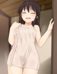  1girl bangs bare_shoulders black_hair blurry blurry_background closed_eyes collarbone commentary_request cowboy_shot facing_viewer hakurei_reimu highres indoors long_hair miyo_(ranthath) naked_towel open_mouth solo steaming_body thigh_gap touhou towel water_drop wet white_towel 