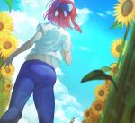  1boy 1girl blue_bow blue_pants bow cloud commentary_request day denim dutch_angle feet_out_of_frame field flower flower_field from_behind from_below hair_bow kohaku_(tsukihime) outdoors pants red_hair shirt short_hair short_sleeves sky solo_focus standing sunflower t-shirt tohno_shiki tsukihime vosem white_shirt wind 