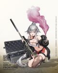  1girl bare_shoulders belt black_choker black_jacket blue_eyes bolt_action boots breasts brown_legwear c14_(girls_frontline) c14_timberwolf choker cleavage collarbone crop_top fangs full_body girls_frontline gun hair_flaps hair_ornament hairclip highres holding holding_gun holding_weapon jacket kneeling large_breasts leaning_forward leg_belt long_hair long_sleeves looking_at_viewer micro_shorts midriff multicolored_hair navel off_shoulder official_art open_clothes open_fly open_jacket open_mouth ponytail pre_(preecho) red_shorts rifle scope shirt short_shorts shorts silver_hair single_thighhigh skindentation sleeveless sleeveless_shirt smoke smoke_grenade sniper_rifle solo stomach streaked_hair thighhighs thighs torn_clothes torn_legwear torn_shirt torn_shorts very_long_hair weapon weapon_case white_shirt x_hair_ornament 