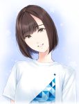  1girl bangs blonde_hair brown_eyes character_request commentary head_tilt highres mole mole_above_mouth mole_under_eye nayuta69 parted_bangs parted_lips shirt short_hair short_sleeves smile solo tears translated upper_body white_shirt 