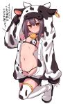  1girl animal_print bangs bell bell_choker bikini black_hair blush breasts brown_eyes chawan_(yultutari) choker closed_mouth cow_hood cow_print cowbell fate/kaleid_liner_prisma_illya fate_(series) hair_ornament hairclip highres long_hair looking_at_viewer miyu_edelfelt navel simple_background small_breasts swimsuit thighhighs translation_request white_background 