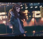  1girl bangs black_legwear blue_jacket blurry blurry_background blurry_foreground brown_hair chain-link_fence closed_mouth commentary_request depth_of_field dress fence hands_in_pockets highres idolmaster idolmaster_cinderella_girls jacket kamiya_nao long_hair long_sleeves night open_clothes open_jacket outdoors pantyhose puffy_long_sleeves puffy_sleeves railing red_eyes ryokucha_manma sign solo sweater sweater_dress thick_eyebrows white_sweater 