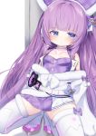  1girl azur_lane bangs bare_shoulders blue_eyes boots breasts commentary_request dress eyebrows_visible_through_hair fur-trimmed_jacket fur-trimmed_legwear fur_trim highres jacket kokone_(coconeeeco) long_sleeves looking_at_viewer off_shoulder parted_lips plaid plaid_dress purple_dress purple_hair small_breasts solo spread_legs squatting tashkent_(azur_lane) tashkent_(muse)_(azur_lane) thigh_boots thighhighs white_background white_footwear white_jacket white_legwear 