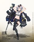  1girl armpits arms_up bare_arms bare_shoulders belt black_footwear black_gloves black_legwear black_shorts boots breasts bruise bruise_on_face button_gap chukavin_svch closed_mouth collared_shirt crop_top fingerless_gloves frown girls_frontline gloves goggles goggles_removed green_eyes gun headphones headphones_around_neck highres injury looking_at_viewer medium_breasts midriff multiple_straps nagu navel official_art one_eye_closed rifle scope shirt short_hair short_shorts shorts silver_hair sleeveless sleeveless_shirt sniper_rifle solo stomach svch_(girls_frontline) thighhighs thighs torn_clothes torn_legwear torn_shorts wavy_mouth weapon white_shirt 