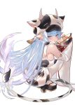  1girl absurdres animal_ears animal_print ass bangs bare_shoulders bikini blue_hair blush breasts cleavage cow_ears cow_girl cow_hat cow_horns cow_print cow_tail detached_collar detached_sleeves draph ear_piercing granblue_fantasy highres horns jikatarou large_breasts long_hair looking_at_viewer looking_back piercing pointy_ears shatola_(granblue_fantasy) sheer_clothes short_shorts shorts squatting swimsuit tail thighhighs thighs white_bikini white_legwear white_shorts wide_sleeves 