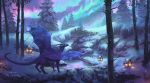  2020 claws clockbirds detailed_background digital_media_(artwork) dragon hi_res horn membrane_(anatomy) membranous_wings night outside plant purple_body purple_scales scales scalie sky snow star starry_sky tree western_dragon wings 