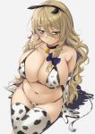  1girl animal_ears animal_print aqua_eyes bare_shoulders bell bikini black_choker black_hairband blonde_hair blue_bow bow braid breasts choker cleavage cookie_(touhou) cow_ears cow_print cow_tail elbow_gloves fake_animal_ears fake_tail gloves grey_background hair_between_eyes hair_bow hairband highres huge_breasts kirisame_marisa looking_at_viewer mars_(cookie) navel paburisiyasu side_braid simple_background sitting skindentation solo swimsuit tail thighhighs touhou white_bikini white_gloves white_legwear 