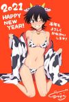  1girl ;d animal_ears animal_print bare_shoulders bell bell_choker bikini black_hair blush breasts choker closed_eyes collarbone copyright_request cow_ears cow_horns cow_print fake_animal_ears fake_horns full_body grin happy_new_year highres horns japanese_clothes kimono kneeling kumadano long_sleeves navel new_year off_shoulder one_eye_closed open_clothes open_kimono open_mouth pink_choker print_kimono purple_eyes red_background ribbon short_hair side-tie_bikini signature simple_background small_breasts smile socks solo stomach swimsuit teeth translation_request white_legwear white_ribbon wide_sleeves 