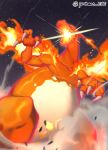  artist_name breathing_fire charizard claws commentary_request fire from_below gen_1_pokemon gigantamax gigantamax_charizard glowing night no_humans outdoors pantheon_eve pokemon pokemon_(creature) sky solo star_(sky) watermark 