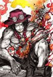  1boy black_hair black_shorts english_commentary fire flaming_hand hat ink_(medium) looking_at_viewer male_focus muscular mycks one_eye_covered one_piece pirate portgas_d_ace red_headwear shirtless shorts sitting smirk solo spot_color traditional_media 