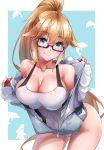  1girl bangs bare_shoulders blonde_hair blue_eyes blush breasts cleavage collarbone fate/grand_order fate_(series) glasses high_ponytail highleg highleg_swimsuit highres jacket jeanne_d&#039;arc_(fate)_(all) jeanne_d&#039;arc_(swimsuit_archer) large_breasts long_hair looking_at_viewer one-piece_swimsuit open_clothes open_jacket sezoku smile sweater swimsuit thighs very_long_hair white_jacket white_sweater 
