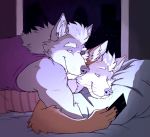 2021 anthro bed canid canine canis cellphone clothed clothing cuddling duo eye_patch eyewear fox fox_mccloud furniture hi_res inside looking_at_object looking_at_phone lying male male/male mammal night nintendo on_bed on_front on_top phone pillow raining romantic_couple shirt skaifox smartphone smile star_fox tank_top topwear video_games water window wolf wolf_o&#039;donnell 