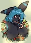  anthro big_breasts blue_hair breasts candy candy_cane christmas chubby_female cute_face decoration dessert eeveelution female food food_in_mouth hair harald_horfager hi_res holidays looking_at_viewer mara_(king_pangolin) nintendo pok&eacute;mon pok&eacute;mon_(species) red_eyes shaded shiny_pok&eacute;mon slightly_chubby solo umbreon video_games 
