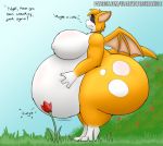  anthro belly big_belly big_butt blush butt chiropteran dialogue dust:_an_elysian_tail english_text facial_markings female fidget flower fur grass gyro-furry hand_on_stomach head_markings huge_butt hyper hyper_belly hyper_butt mammal markings morbidly_obese morbidly_obese_anthro morbidly_obese_female nimbat nipple_outline obese obese_anthro obese_female orange_body orange_fur overweight overweight_anthro overweight_female plant rumbling_stomach solo spots story story_in_description text url video_games weight_gain white_body white_fur wings 