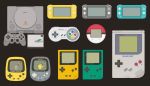  black_background cd_case commentary_request company_name controller copyright_name dualshock english_text final_fantasy final_fantasy_vii game_boy game_boy_pocket game_console game_controller gamepad gen_1_pokemon handheld_game_console highres logo nintendo_3ds no_humans number pikachu playstation playstation_controller pocket_pikachu pokemon pokemon_(creature) pokewalker rizu_(rizunm) simple_background super_famicom_gamepad twitter_username 