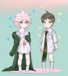  absurdres blush breast_pocket brown_eyes child collarbone collared_shirt commentary danganronpa_(series) danganronpa_2:_goodbye_despair green_eyes green_jacket grey_background grey_legwear grey_shirt hair_between_eyes hand_on_own_chest hand_up highres hinata_hajime jacket kneehighs komaeda_nagito long_sleeves looking_at_viewer male_focus multiple_boys necktie no_pants off_shoulder open_clothes open_jacket oversized_clothes pink_hair pocket print_neckwear shirt smile socks star_(symbol) tuteurfars_shin younger 