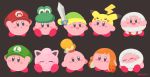  :d :o animal_crossing black_background blue_eyes blush_stickers character_hat closed_mouth copy_ability cosplay gen_1_pokemon green_headwear hat holding holding_sword holding_weapon inkling isabelle_(animal_crossing) jigglypuff kirby kirby_(series) link looking_at_viewer looking_to_the_side luigi mario mario_(series) no_humans open_mouth pikachu piranha_plant piranha_plant_(cosplay) pokemon red_footwear red_headwear rizu_(rizunm) shoes simple_background sitting sleeping smile splatoon_(series) standing super_smash_bros. sword tentacle_hair the_legend_of_zelda twitter_username weapon yellow_headwear yoshi 