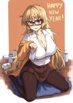  1girl alcohol beer beer_can black-framed_eyewear blonde_hair blue_hair blush breasts brown_legwear brown_skirt can cardigan collared_shirt commentary drunk english_commentary eyebrows_visible_through_hair full_body furi2play! glasses happy_new_year holding holding_can large_breasts long_hair looking_at_viewer margit_(furi2play) new_year no_shoes nose_blush off_shoulder on_floor open_cardigan open_clothes pantyhose partially_unbuttoned peach_(momozen) pillow pleated_skirt school_uniform shirt sitting skirt sleeves_past_wrists solo wariza white_shirt wooden_floor 