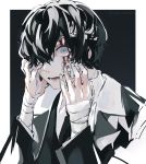  1boy bandaged_hands bandaged_head bandages bandaid bandaid_on_cheek bandaid_on_face black_hair bleeding blood blood_on_face blue_eyes fingernails hair_over_one_eye hand_on_own_face highres lower_teeth male_focus nanora_(sero4) open_mouth original solo teeth tongue upper_body 