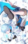  1boy absurdres ahoge arm_behind_back bandages belt blue_eyes blue_hair blurry chongyun_(genshin_impact) eyebrows_visible_through_hair genshin_impact hair_between_eyes highres holding hood hood_down ice light_blue_hair male_focus snowflakes solo talisman tarutaru_kawaii tongue tongue_out transparent water water_drop 