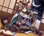  1girl absurdres animal_ears breasts brown_eyes brown_hair cup elbow_gloves eyebrows_visible_through_hair fox_ears fox_girl fox_tail garter_straps gloves highres huge_filesize japanese_clothes kimono lap_pillow large_breasts long_hair looking_at_viewer moon moonlight original pince-nez seiza sitting smile solo tail teacup teapot teeth thick_thighs thighhighs thighs winter yuuren_kyouko 